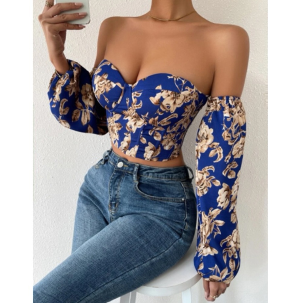 Boho blue floral print lace up back satin bustier corset tube top - Picture 4 of 6